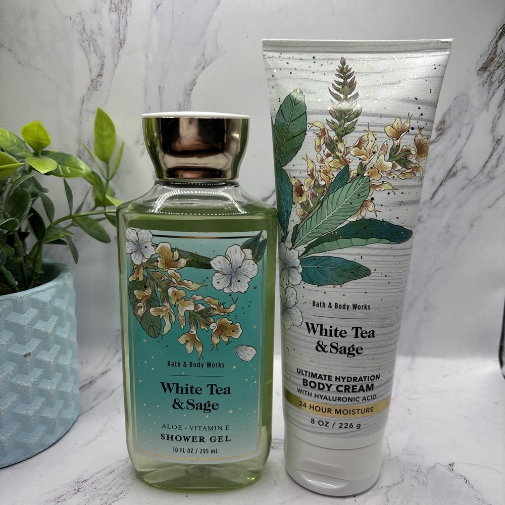 2 NEW BATH & BODY WORKS WHITE TEA & SAGE BODY CREAM & SHOWER GEL DISCONTINUED